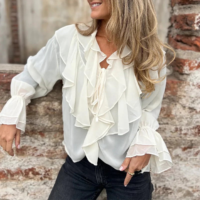 mrosto™ Solid Color Ruffle Bell-Sleeve Top - front hero view of feminine ruffle bell sleeve top