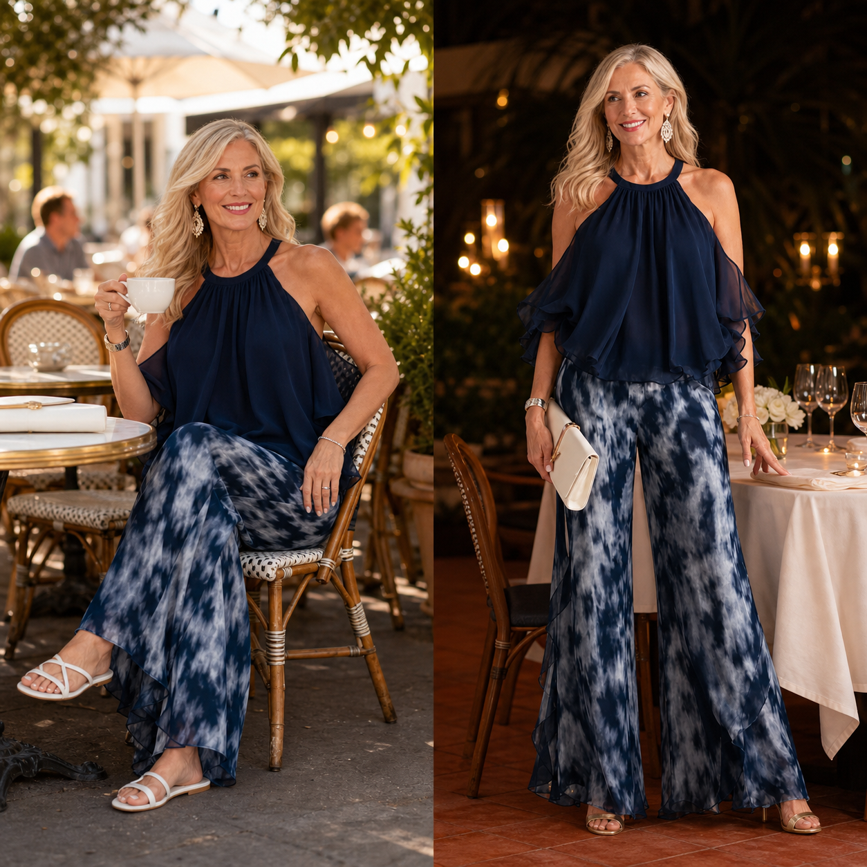 Marianne™ Komplet damski z bluzką hiszpanką z falbanami i spodniami dla swobodnej elegancji.