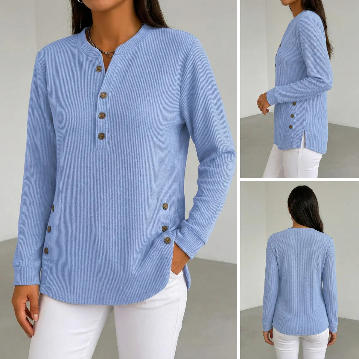 Marina Conforti Cozy Round Neck Sweatshirt - side view of solid color long sleeve sweatshirt