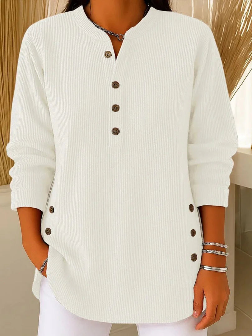 Marina Conforti Cozy Round Neck Sweatshirt - detail of hem on solid color sweatshirt