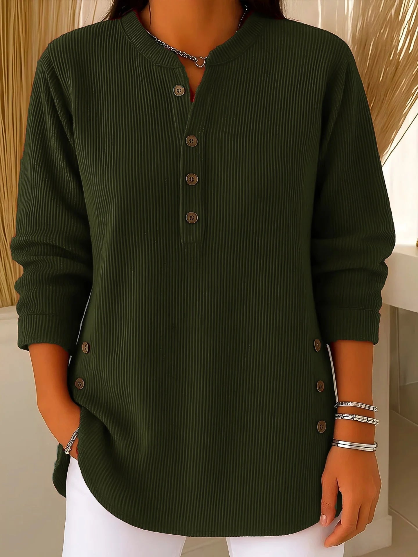 Marina Conforti Cozy Round Neck Sweatshirt - lifestyle view of casual round neck sweatshirt
