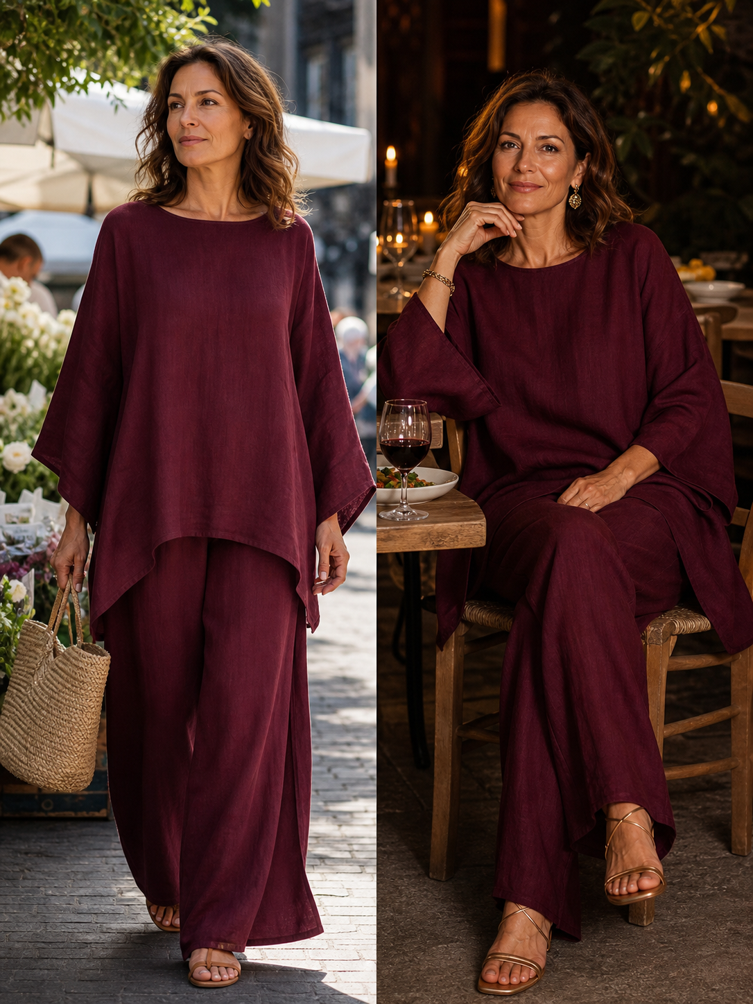 Nicoletta Ridolfi™ Zwiewny komplet z bluzką i spodniami o swobodnym charakterze