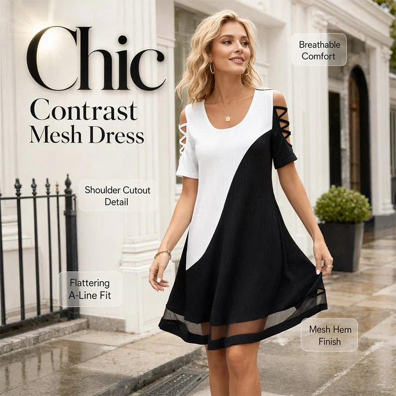 Olga Women's Color Block Mesh Dress - main front view of flattering mesh dress