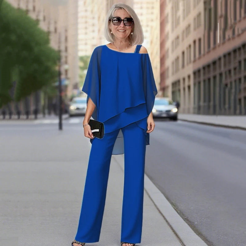 Palmira Women's Asymmetric Chiffon Top and Wide Leg Pants Two-Piece Set - gallery view 3