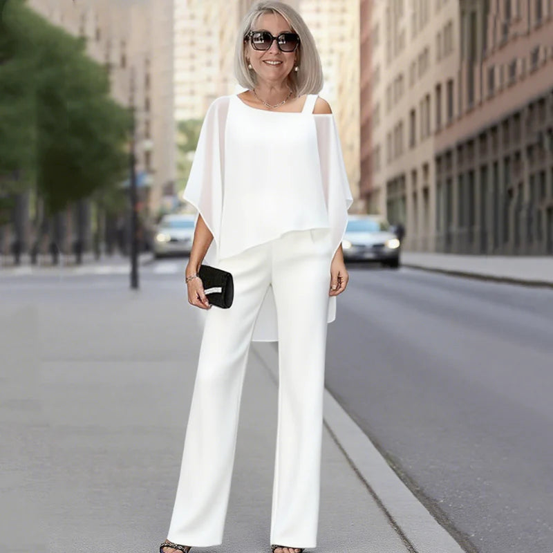 Palmira Women's Asymmetric Chiffon Top and Wide Leg Pants Two-Piece Set - gallery view 4