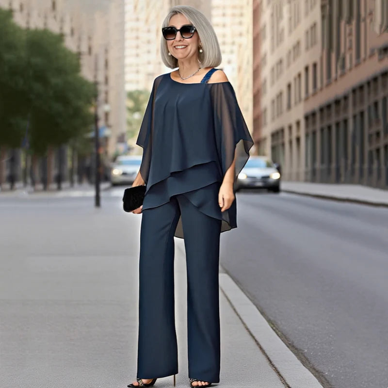 Palmira Women's Asymmetric Chiffon Top and Wide Leg Pants Two-Piece Set - gallery view 8