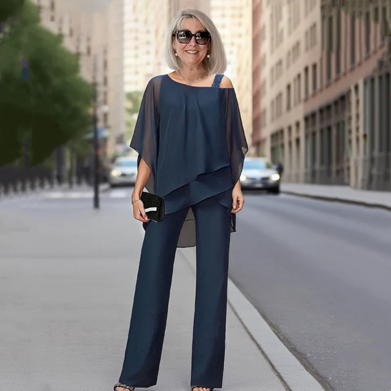 Palmira Women's Asymmetric Chiffon Top and Wide Leg Pants Two-Piece Set - front hero view
