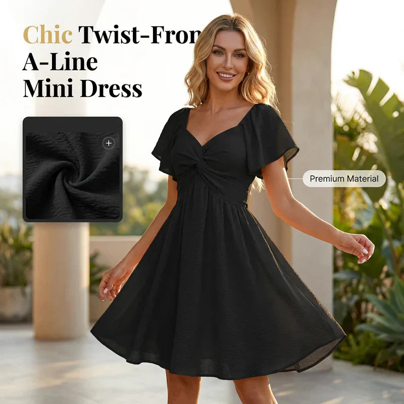 Paola Dress with Puff Sleeves, Open Back and Bow - main front view