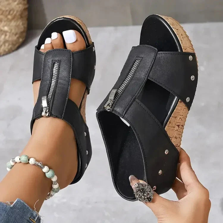 Perla Falzone™ Comfortable Heeled Sandals with Zipper - full pair angled lifestyle view