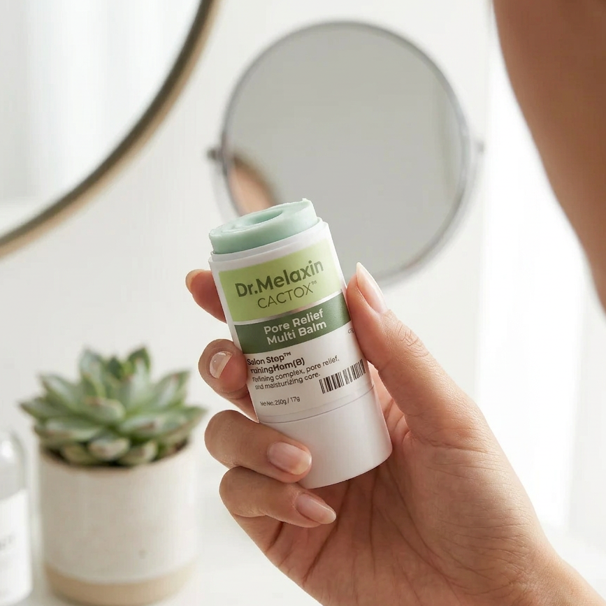 Hand holding a Dr. Melanin Cactus skincare product with a mirror and plant in the background