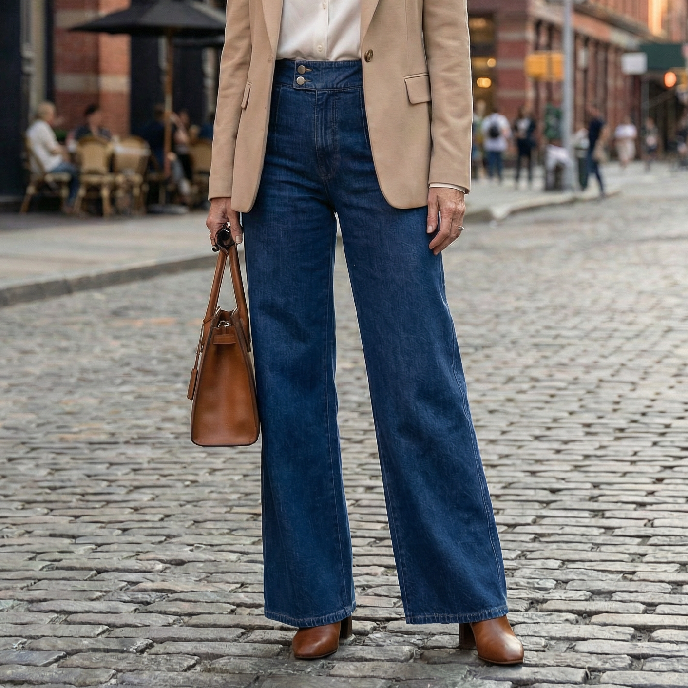 Woman in a beige blazer and blue jeans standing on a city street.