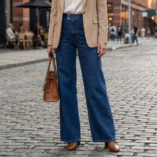 Woman in a beige blazer and blue jeans standing on a city street.