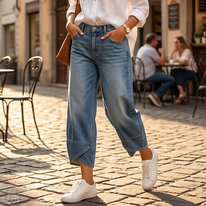 Woman in white shirt and blue jeans walking on a sunlit street with cafes in the background