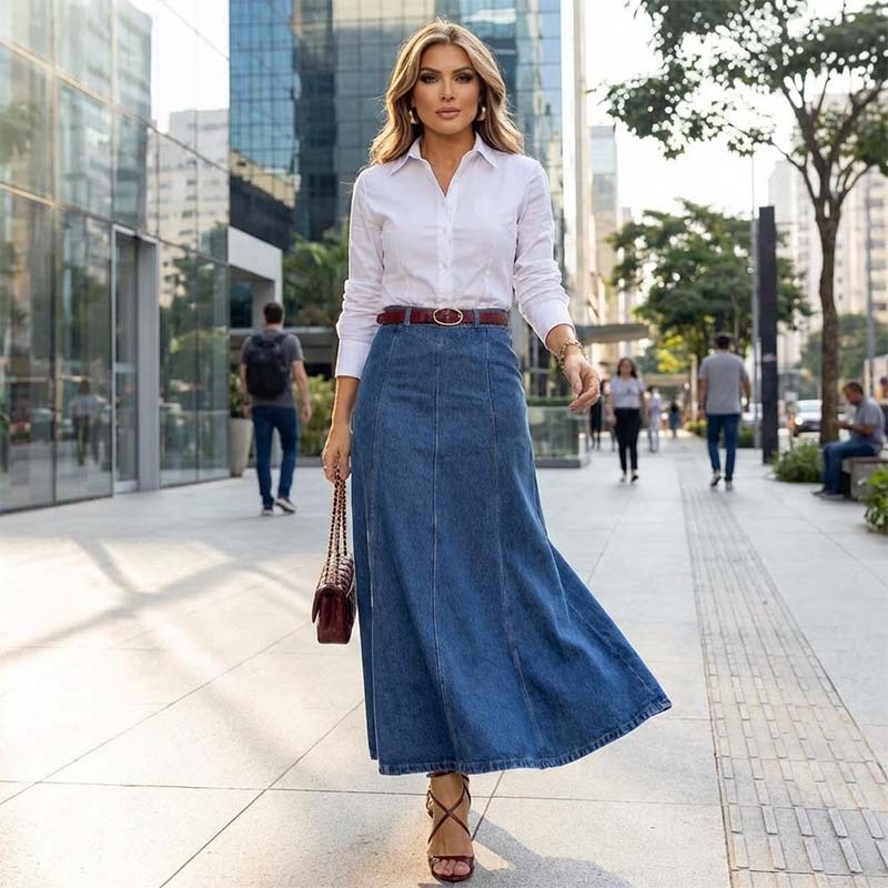 Silvia Women's High-Waist A-Line Denim Maxi Skirt - gallery view 2