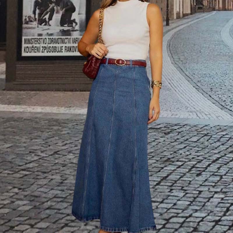 Silvia Women's High-Waist A-Line Denim Maxi Skirt - front hero view