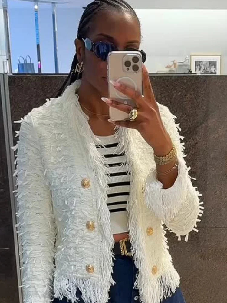 Sophia Women's Fashion Button Tassel Short Coat - styled content image with tassel and button details