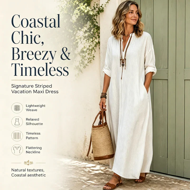 Tania Baccelli Striped Maxi Dress with V-Neck - main front view of striped maxi dress