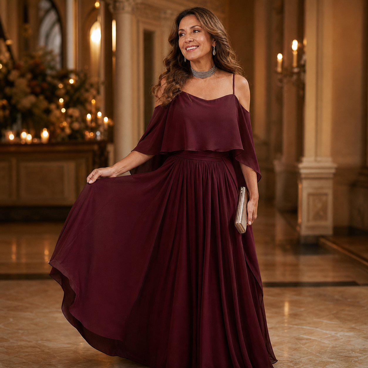 Tania Persico™ Elegancka sukienka maxi z wycięciami na ramionach