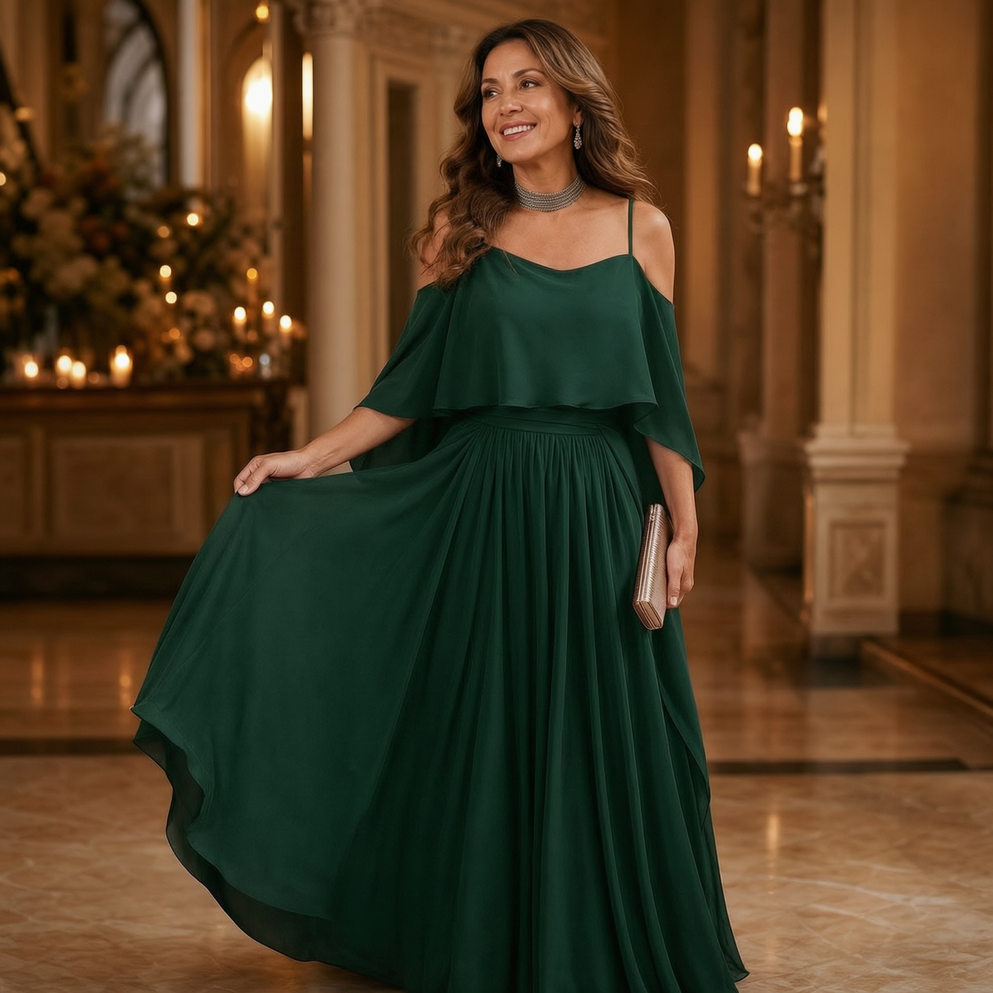 Tania Persico™ Elegancka sukienka maxi z wycięciami na ramionach