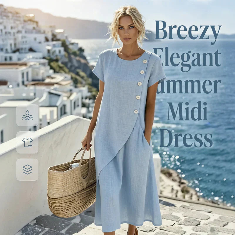 Ugolina Elegant Round Neck Summer Dress - main front view of solid-colored dress for women