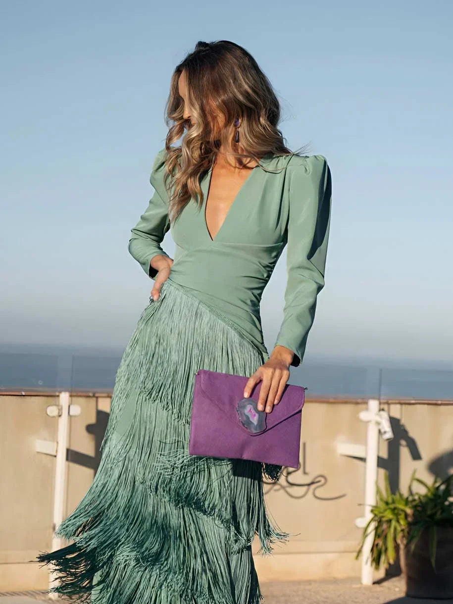 Ursola Abbondanza™ Elegancka midi sukienka z frędzlami na wyjątkowe okazje