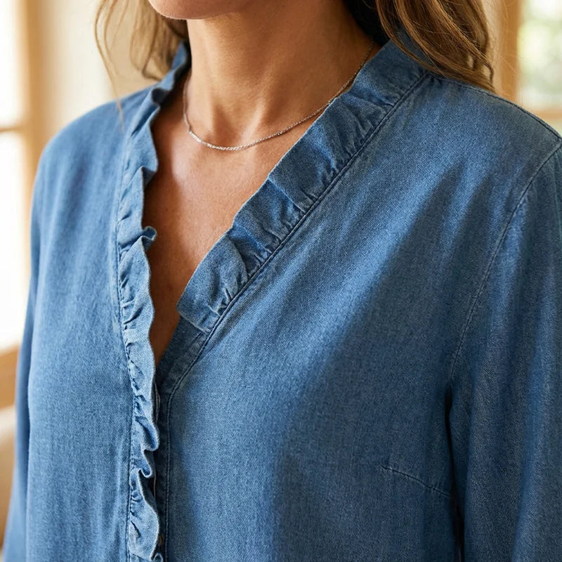 Valentina Women's Casual Ruffle V-Neck Shirt - full length view showing high-low hem styling