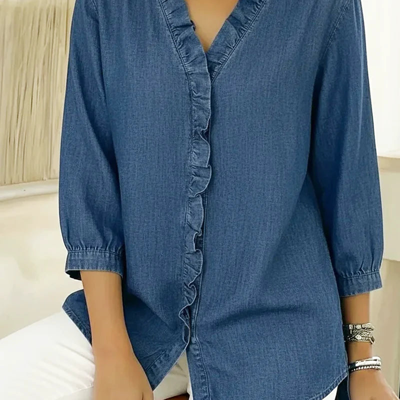 Valentina Women's Casual Ruffle V-Neck Shirt - styled outfit view with casual bottom pairing