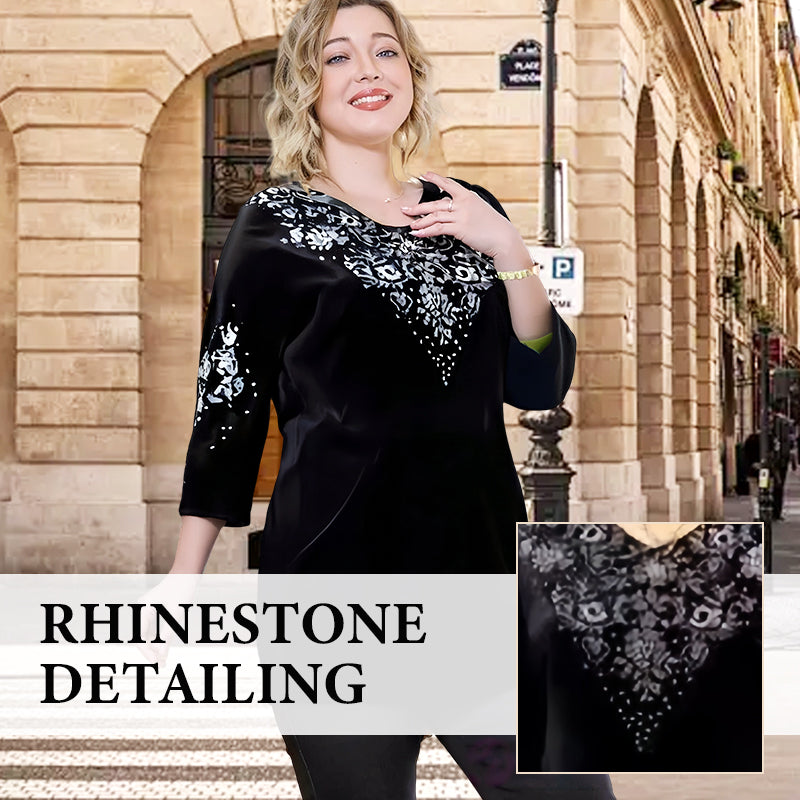 Viviana Cristozzi Elegant Velvet Crystal Set - full length view of velvet blouse and pants ensemble