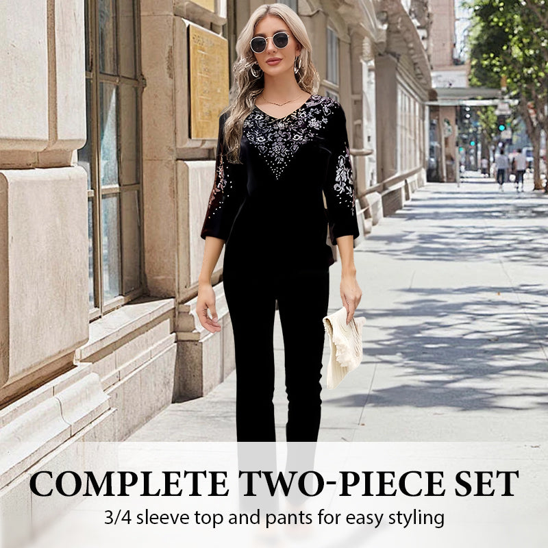 Viviana Cristozzi Elegant Velvet Crystal Set - back view of velvet blouse and pants set