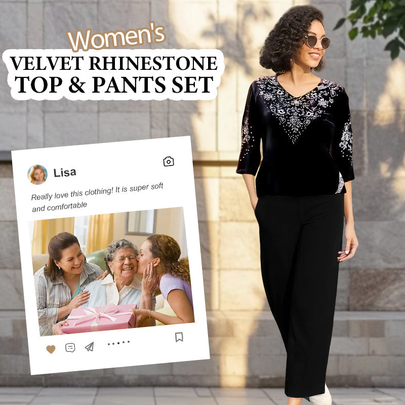 Viviana Cristozzi Elegant Velvet Crystal Set - women's velvet blouse with crystals and pants front view
