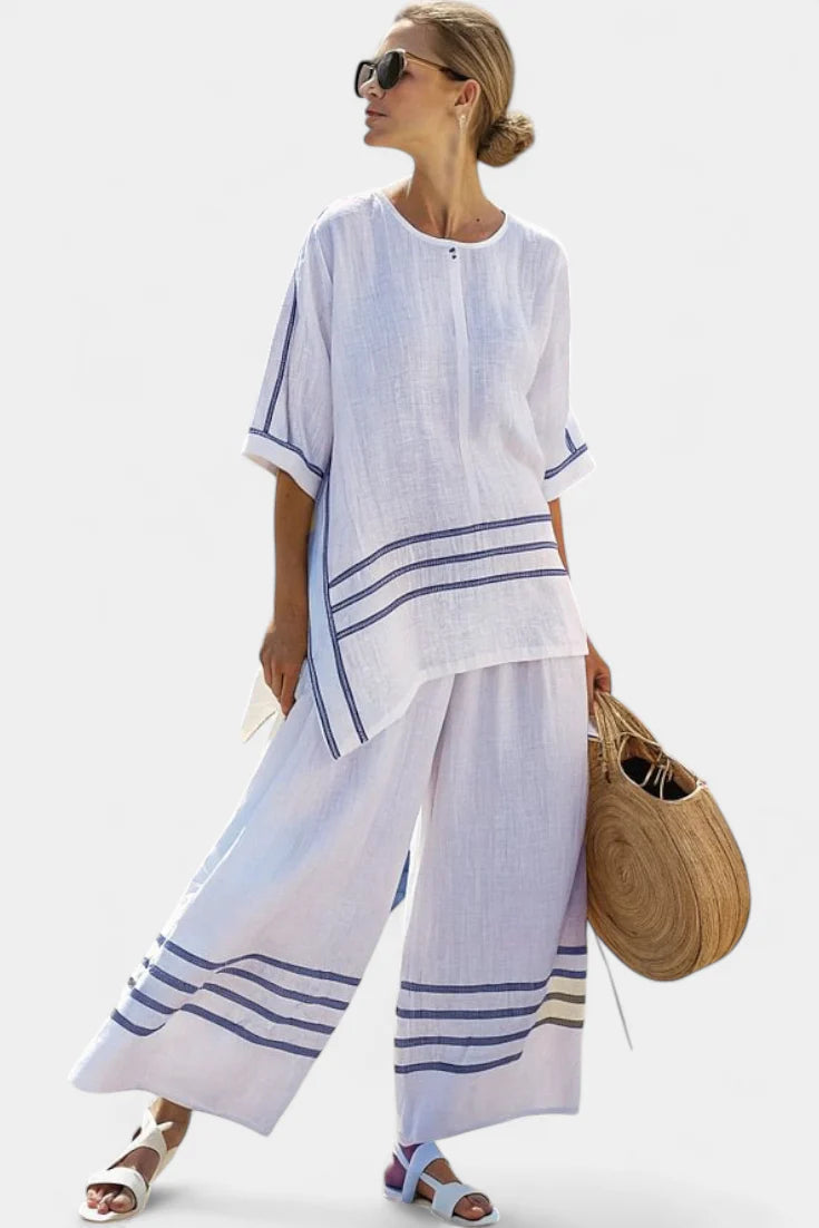 Viviana Chic Striped Set - asymmetrical blouse detail and wide leg pant waistband close-up
