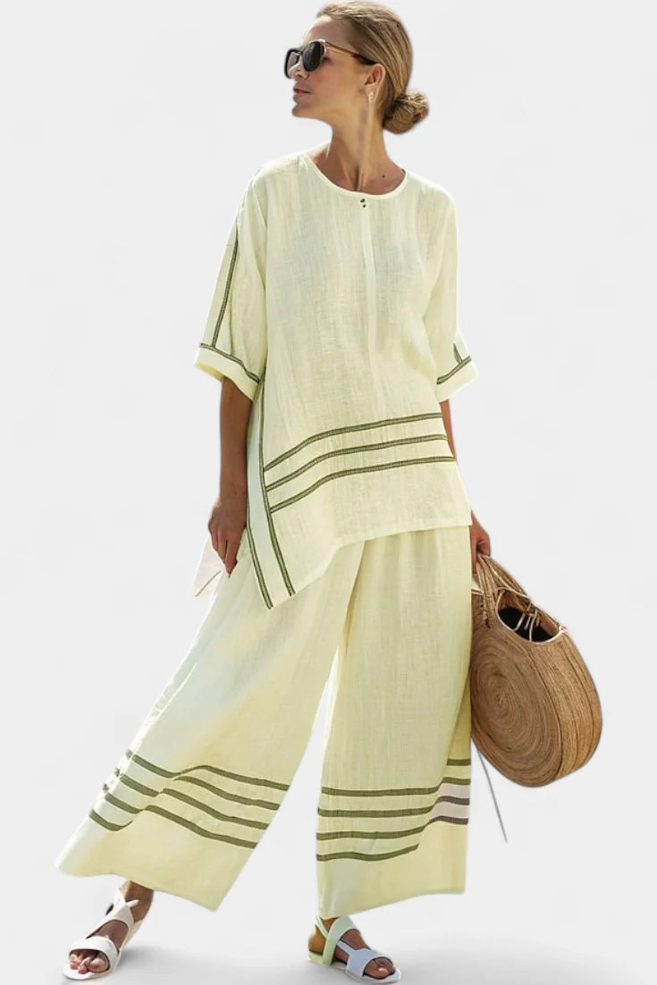 Viviana Chic Striped Set - full length view of striped two-piece outfit on model