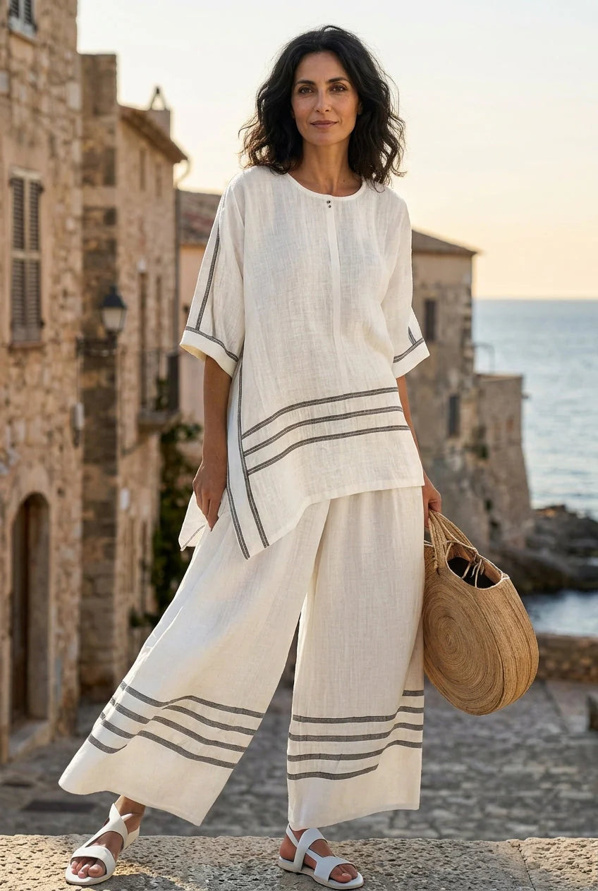 Viviana Chic Striped Set - wide leg pants and asymmetrical blouse women's two-piece main view