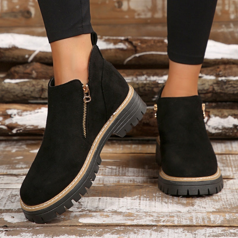 ZipStryde Sleek Zip Ankle Boots - front view of women's round toe ankle boot with side zipper