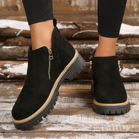 ZipStryde Sleek Zip Ankle Boots - front view of women's round toe ankle boot with side zipper